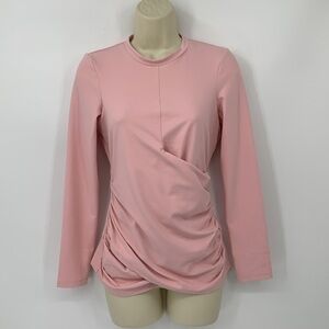 Susana Monaco Faux Wrap crew jersey top shirt blouse candy pink ruched new Large